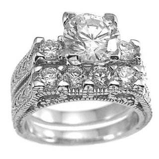  CZ WEDDING RINGS   Antique Style CZ Wedding Set Size 8 