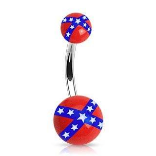 316L Surgical Steel Belly Ring with Acrylic Rebel Flag Balls   14G   3 