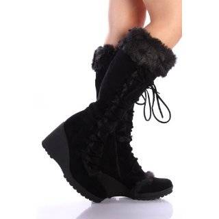 Black Furry Wedge Winter Knee Boots Women   Vegan Friendly 