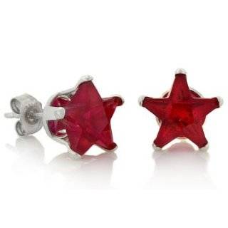   Birthstone Ruby Red Star Cut Cubic Zirconia CZ Silver Stud Earrings