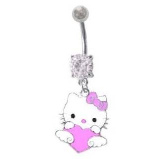   cz Heart Hello Kitty Dangle Belly button Navel Ring 14 gauge Jewelry