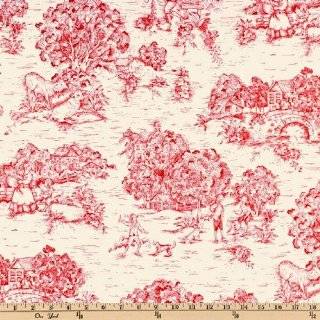  54 Wide Pastoral Toile Cranberry Red/Cream Fabric By The 